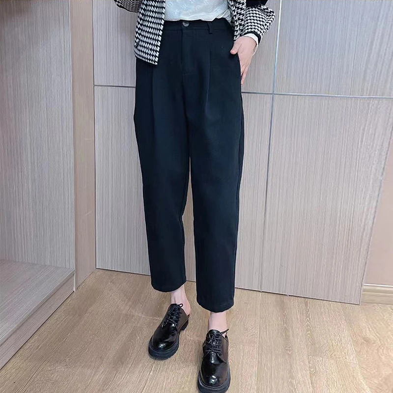 Autumn and winter thick women's woolen harem pants high waist casual western-style smoke pipe wide-leg radish pants black capri pants