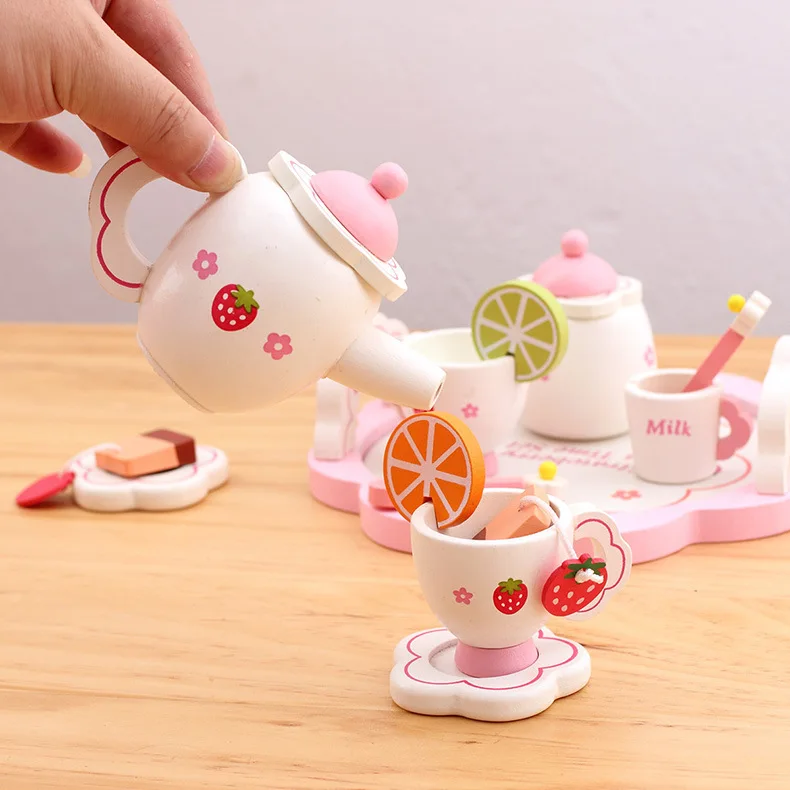 Игрушки для девочек, имитирующие деревянные кухонные игрушки, розовый чайный набор, игровой домик, Обучающие игрушки, инструменты для раннего образования, игровой кухонный набор
