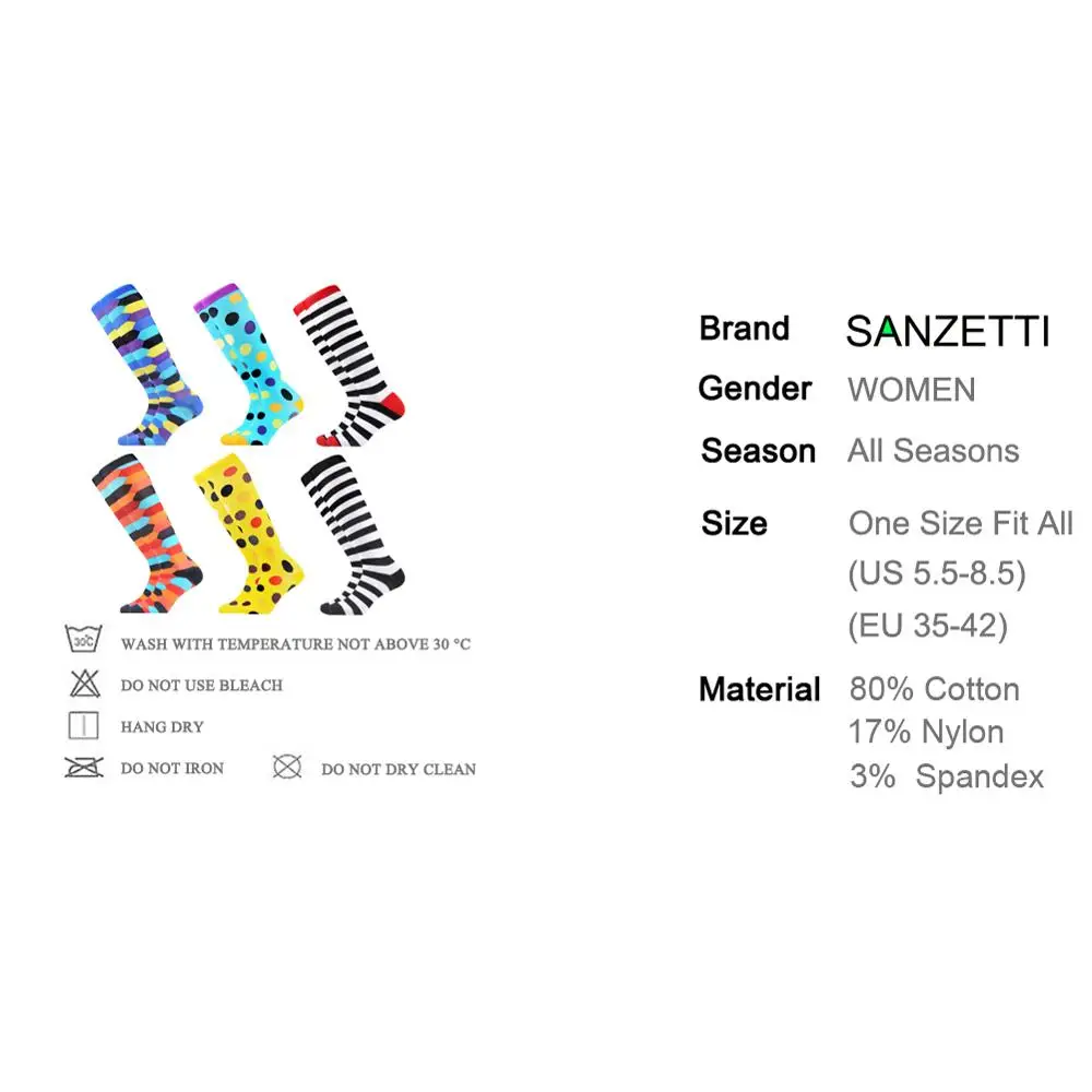 SANZETTI/6 пар/лот; женские цветные носки ниже колена; эластичные хлопковые Компрессионные носки; нескользящие носки