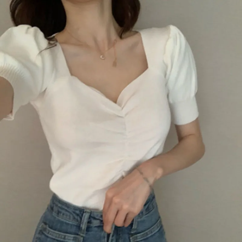 2020 Summer Sexy Women T-Shirts And Tops Retro New Arrival Korean Puff Sleeve Slim V-Neck Short Sleeve Sweater Top Female