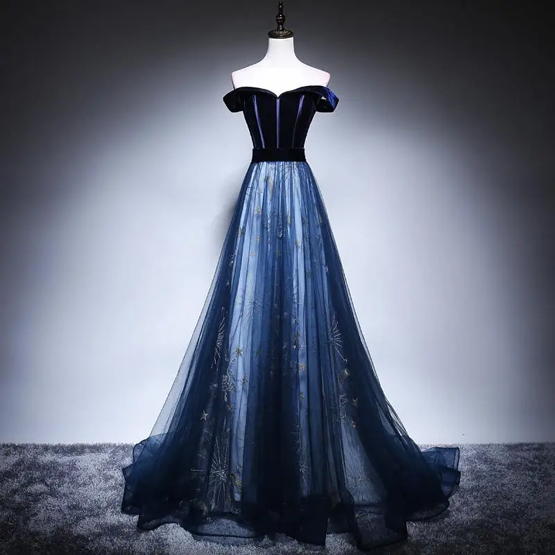 Бархатное вечернее платье, изысканное женское платье Qipao, стразы, блестки, платье для выпускного вечера, сексуальное платье с открытыми плечами, Robe De Soiree Vestidos - Цвет: Navy Blue1