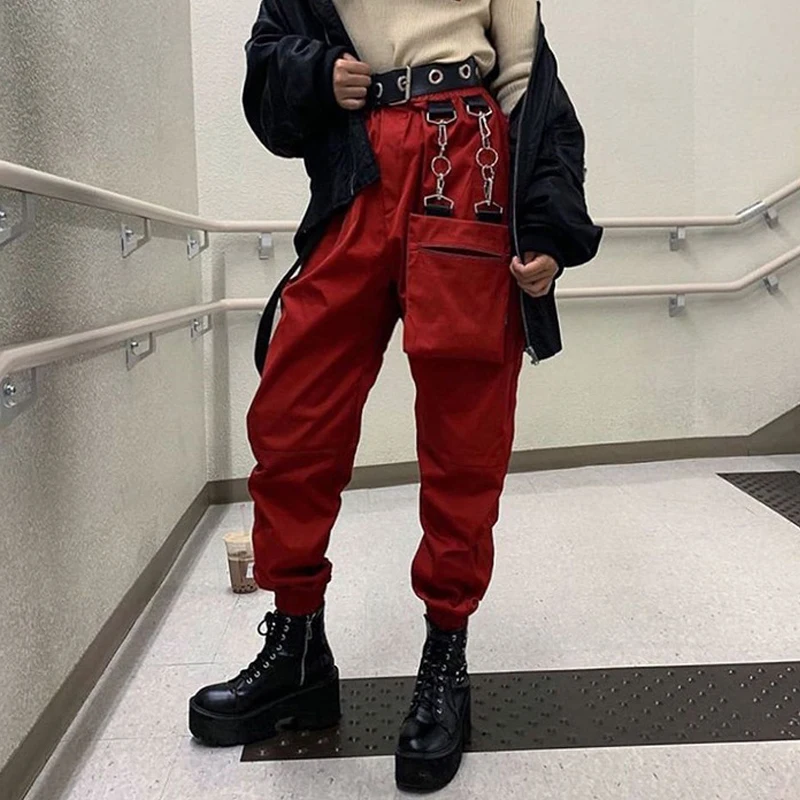 Брюки карго женские с металлической цепочкой модные уличные штаны карманами в