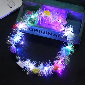 

2019 Women Children LED Light Up Flower Crown Glitter Reflective Tinsel Wreath Headband Luminous Headwear for Christmas