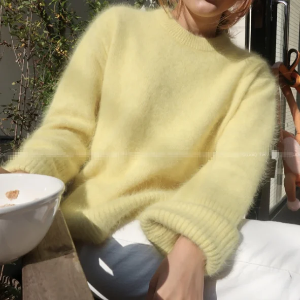 Шикарный норковый кашемировый теплый женский свитер, зимний модный желтый вязаный Мягкий Топ, повседневные свободные пуловеры с длинным рукавом DA469