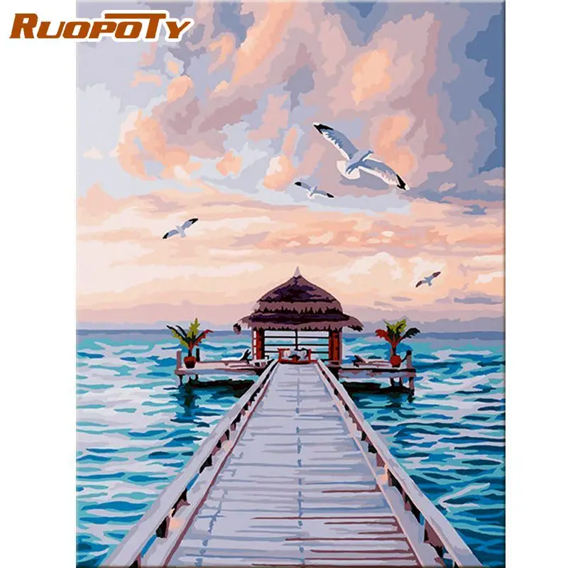 

RUOPOTY Frame Diy Painting By Numbers Seaside Plank Road Paint By Number Landscape Handpainted Gift Wall Decor