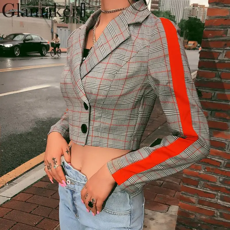 

Glamaker Casual short plaid blazer Women red striped streetwear thin gray jacket blazer Chic office lady retro cropped outwear