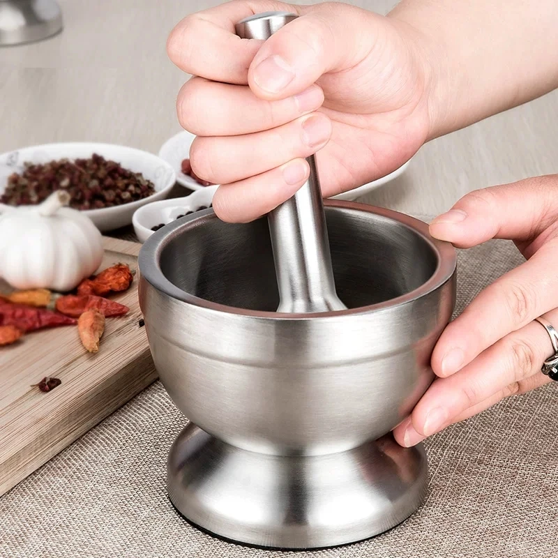 Double Stainless Steel Garlic Grinder Metal Mortar Salt And Pestle