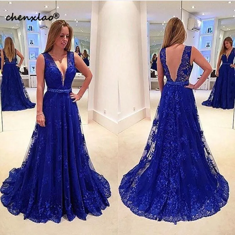 Robe de soiree Королевский синий 2019 кружевное вечернее платье с аппликацией сексуальное Глубокий v-образный вырез с коротким шлейфом платье для