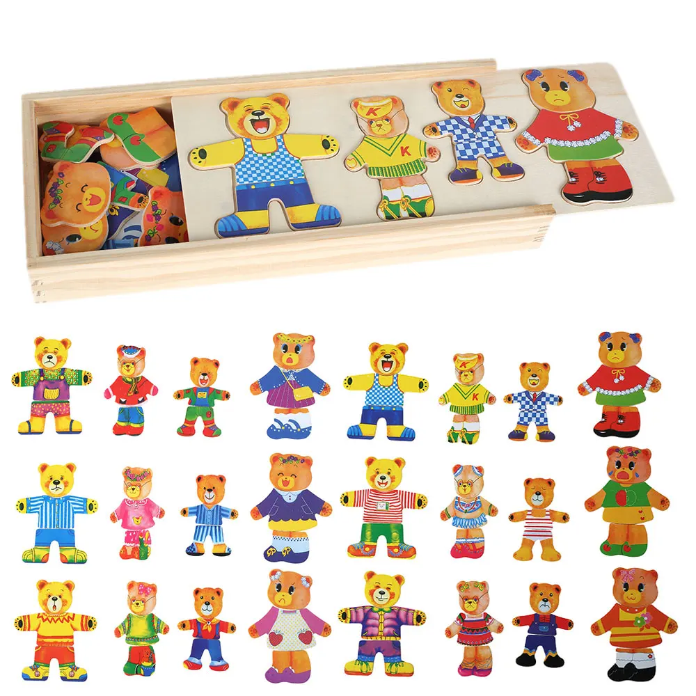 DIY Gift Little Bear Change Clothes Wooden Puzzle Set Children's Early Education Jigsaw Puzzle Dressing Game Baby Puzzle Toys