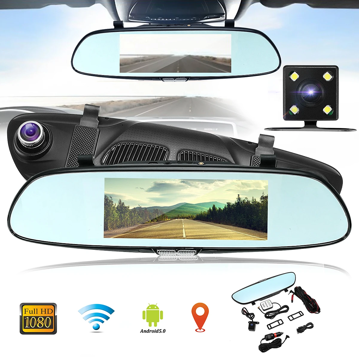 Renoster 7 дюймов сенсорный экран 1080P поток зеркало заднего вида Автомобильный видеорегистратор камера видеорегистратор wifi gps двойной объектив Dashcam Android