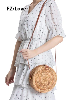 

Handwoven Round Rattan Bag Shoulder Leather Straps Natural Chic Hand Crossbody Wicker Purse for Women Summer Beach Purse Handbag