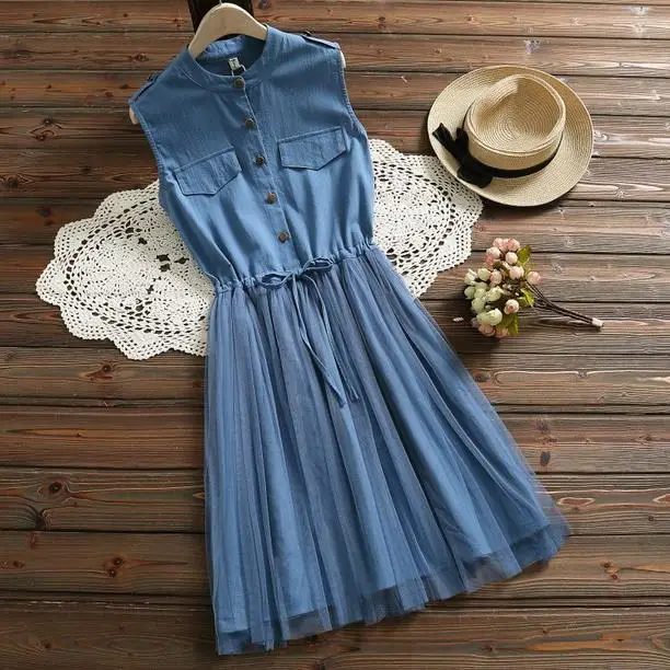 Japanese Mori Girl Summer Women Elegant Sundress Pink Blue Linen String Sleeveless Mesh Dress Kawaii Sweet Tulle AE727 | Женская одежда
