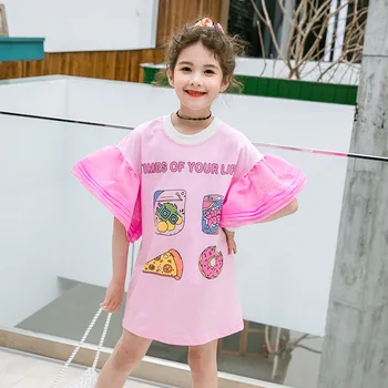 

Summer girls dress baby tee dress kids vestidos children fashion clothes doughnut print flare mesh sleeve pink 4 to 14 yrs
