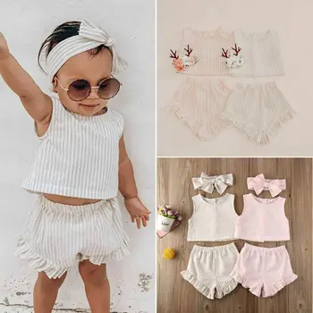 

2020 Baby Summer Clothing Baby Girls Kids Sister Match Sleeveless Outfit Tank Top+ Shorts Pants Headband 3PCS Clothes Set