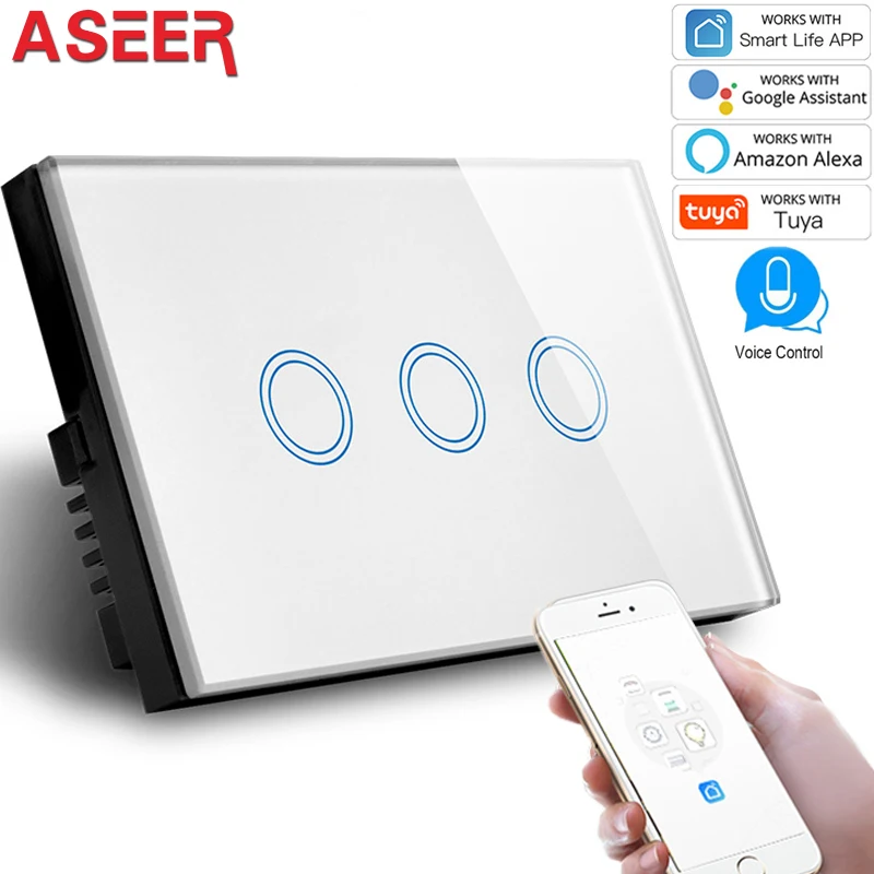 ASEER US Standard 3 Gang WIFI Switch 2.4GHz Tempered Crystal Glass Panel AC 110-240V Compatible Alexa &amp Google Assistant |