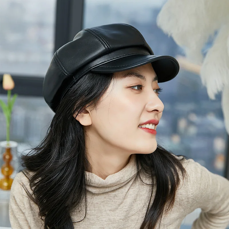 Women Genuine Leather Vintage Hat Women Sheepskin Newsboy Cap Baker Boy Cap High Quality Brand Ladies Winter Octagonal