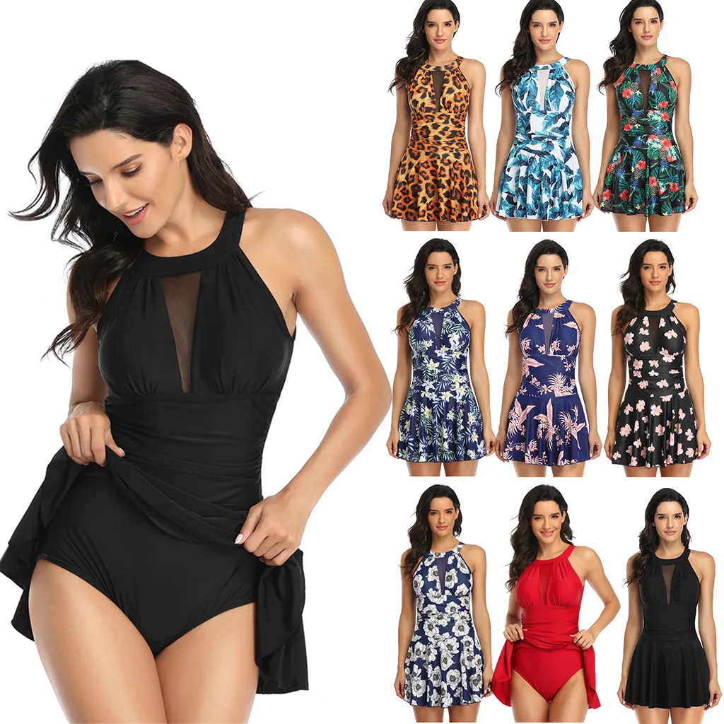 Summer Women Floral Printed Swimsuit Sexy One Piece Halter Swimdress Beachwear Bikini Siamese Bathing Suit stroje kapielowe#g4 |