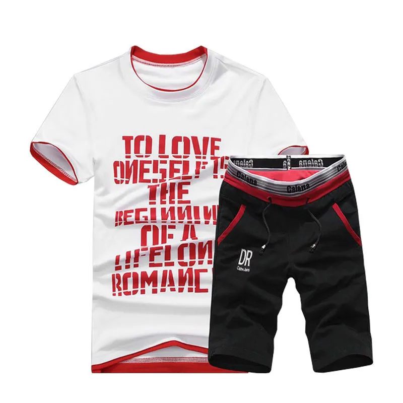 Летний комплект с шортами, мужская повседневная верхняя одежда, облегающие мужские спортивные костюмы, повседневные футболки+ шорты, модные мужские комплекты из 2 предметов - Цвет: D03 Set  RED