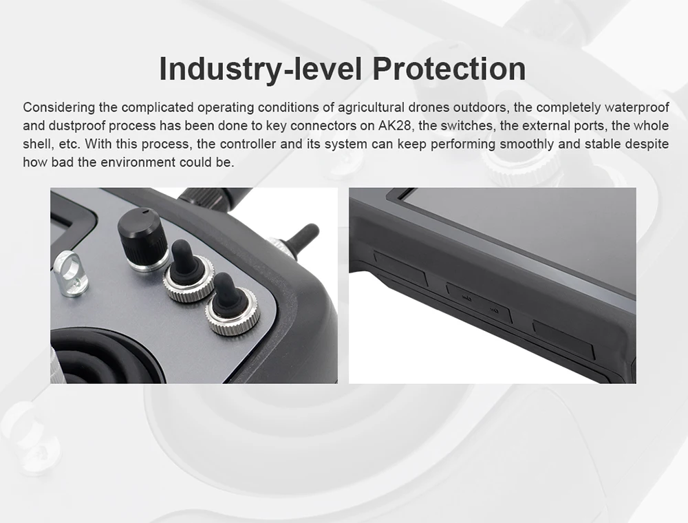 CUAV AK28 - Agriculture FPV Android Smart Remote Controller Radio Transmitter 7-Inch Screen for Spraying Drones 14CH 2.4G 2KM 13 CUAV AK28, the completely waterproof and dustproof process has been done to key connectors on AK28