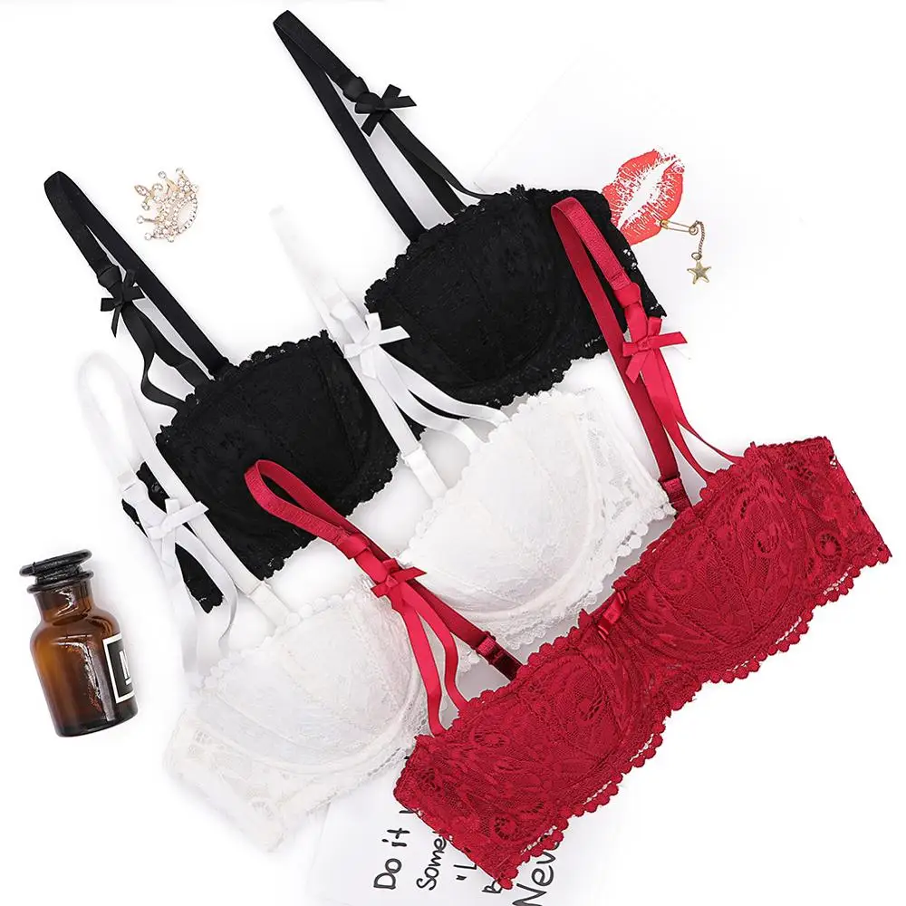 Соблазнительное кружевное нижнее белье с чашкой 1/2 и бантом однотонный дышащий