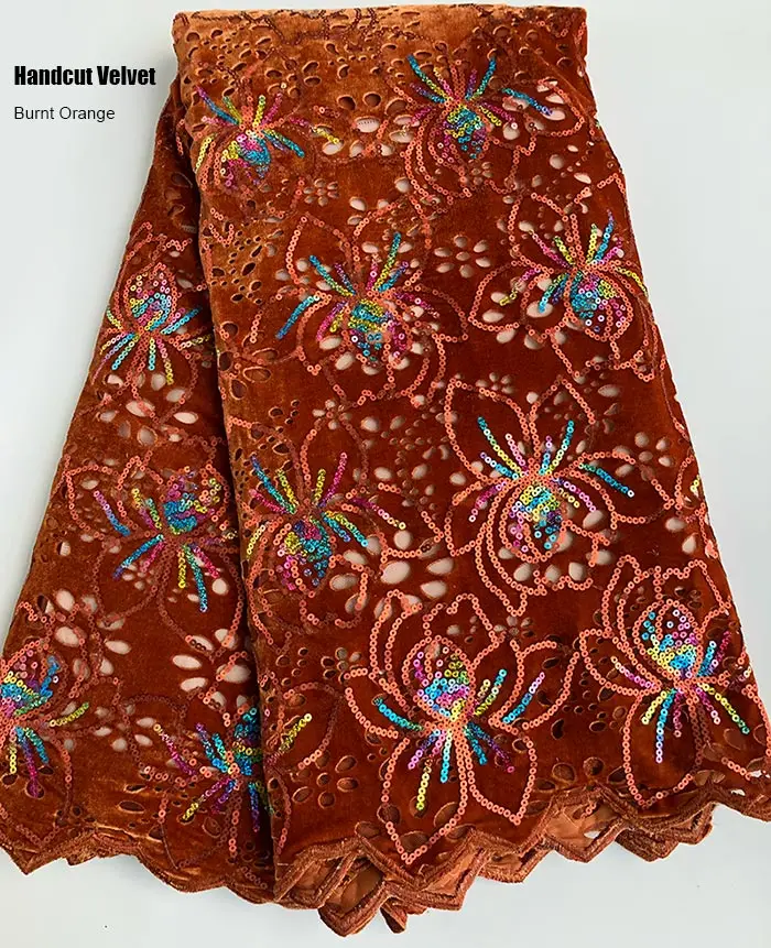 burnt orange 5 ярдов handcut бархатное кружево с разноцветными блестками блестящая африканская швейная одежда из ажурной ткани с отверстиями высокого качества - Цвет: burnt orange