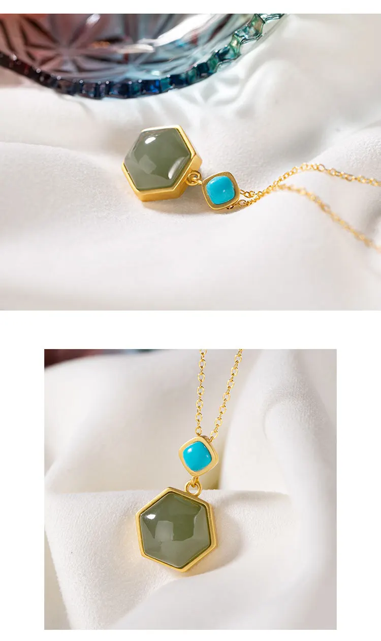 Uglyless Real Natural Jade Hexagon Pendants for Women Bohemia Turquoise Necklaces+ Chains Gold Plated 925 Silver Jewelry P1095