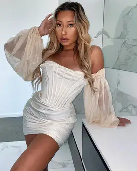 

Summer Women Fashion Sexy Slash Neck Off Shoulder Long Sleeve White Mesh Bodycon Bandage Dress 2020 Female Mini Party Dress