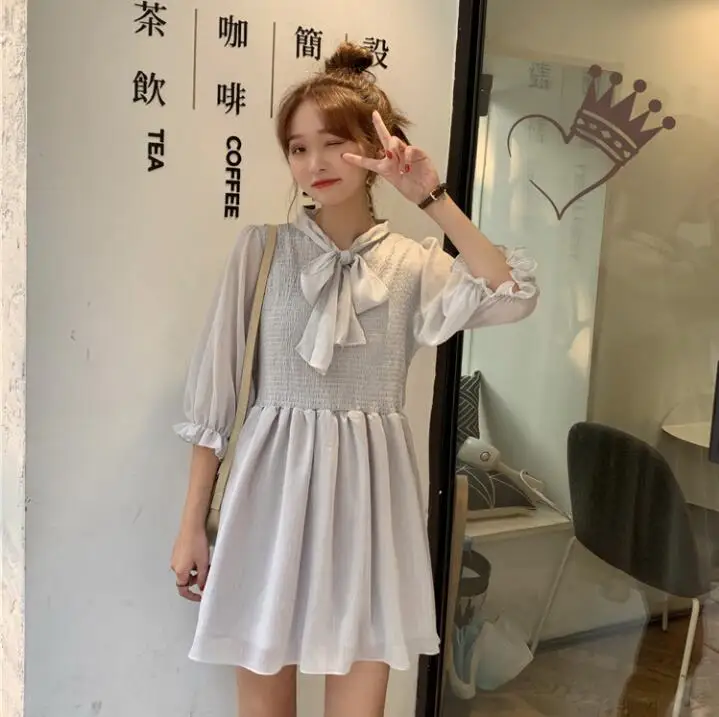 Серый Для женщин милые платья Chic Ins Kawaii Ulzzang Повседневное свободные галстук-бабочка с любовью; милое детское платье; Панк-Одежда Harajuku для Для женщин - Цвет: Серый