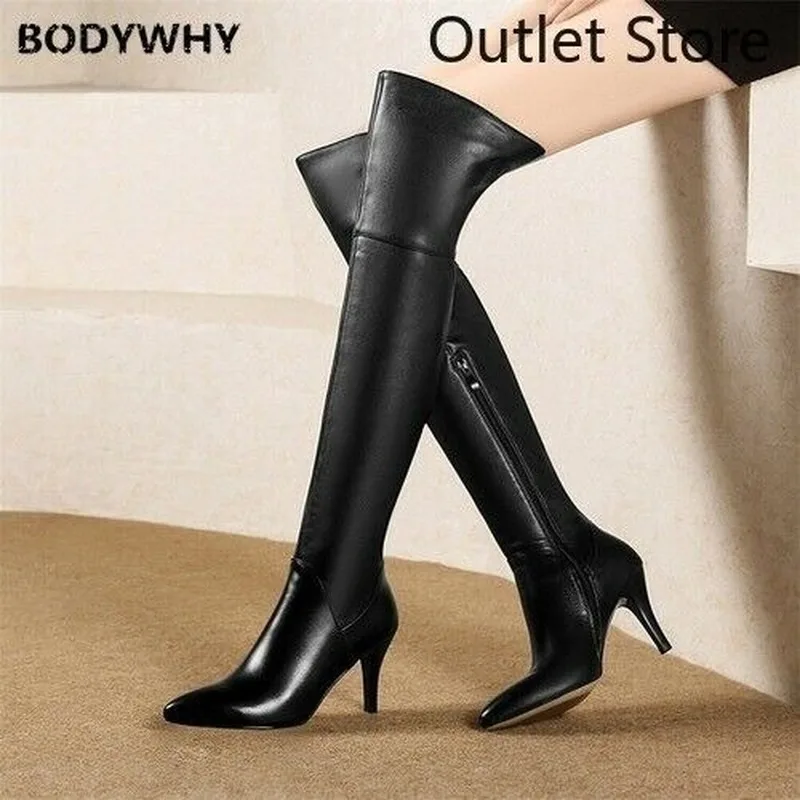 

Women Leather High Heel Over The Knee Shoes Pointed Toe Zip Boots