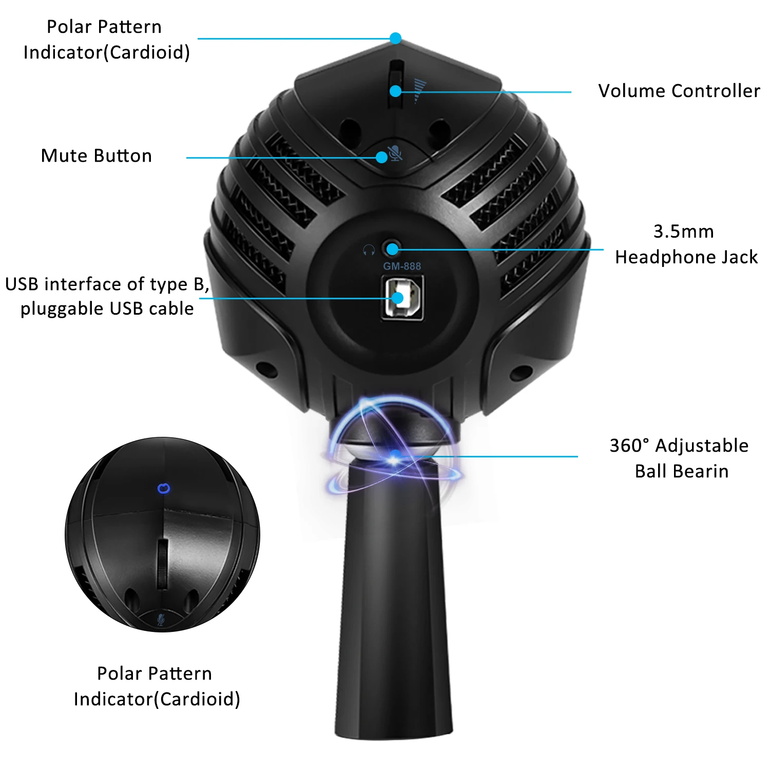 Ammoon GM-888, USB конденсаторный микрофон, шарообразный микрофон с настольным мини-металлическим штативом, подставка для ПК, ноутбука, игр