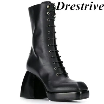 

Drestrive 2020 New Arrival Black Cow Leather Winter Women Ankle Boots Platform Thick Heels Cross Tied Size 43 Zipper Round Toe