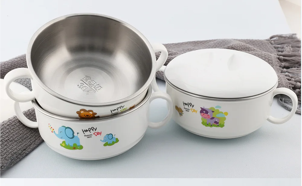 Cartoon CHILDREN'S Tableware 304 Baby Stainless Steel Bowl Simple Fashion Shatter-resistant Insulated bao wan Can Take Inner Wea