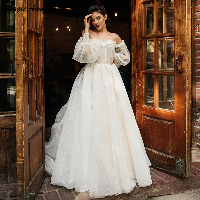 

Magic Awn Beach Wedding Dresses 2021 Off Shoulder Full Puffy Sleeves Boho A-Line Mariage Gowns Sweep Train Country Vestido Boda