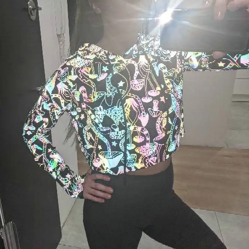 

Light Reflecting Women Short Jacket Jogger Female Crop Tops Colorful Mushroom Pattern Night Reflective Hooded Feminino Manteau