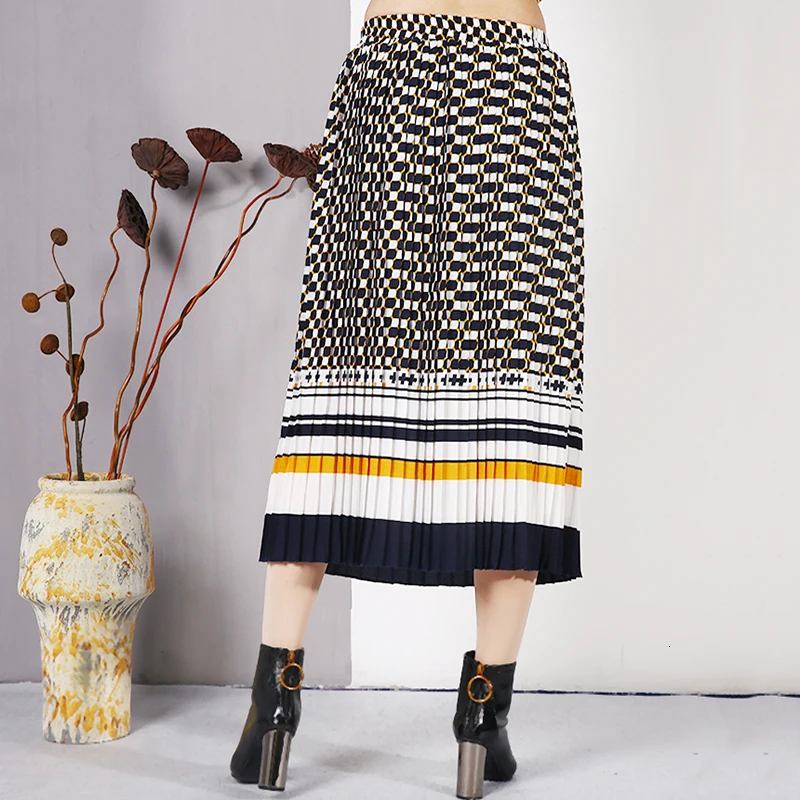 Fashion Tide Spring Fashion Dot Striped Printing Pleated Elastic High Waist Women Skirt All-match Female Overknee Bottoms YF129