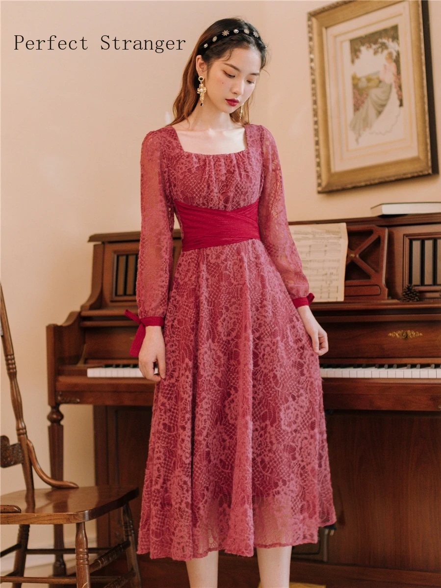 2019 Autumn New Arrival Retro Square Collar Collect Waist Woman Long Lace Dress