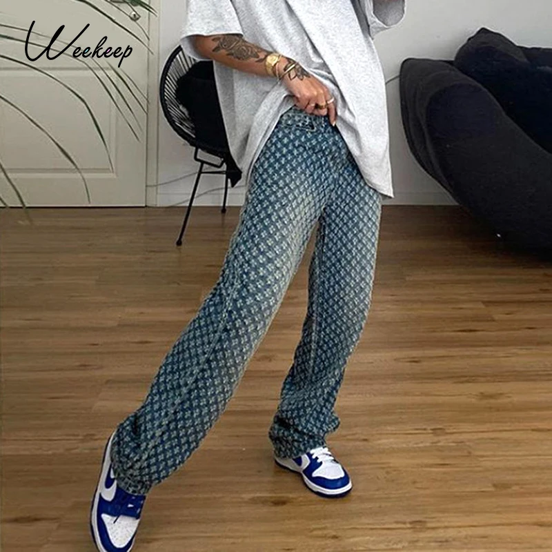 Weekeep de moda a cuadros ropa de calle con aberturas Jeans Club de Mujeres de cintura alta botón Pantalones rectos Vaquero de estilo callejero Pantalones Mujer