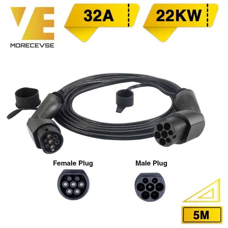 Skup Kabel ładujący Morec EV 32A 22KW trójfazowy pojazd elektryczny przewód do samochodu stacja ładująca typ 2 wtyczka żeńska do męskiej IEC 62196