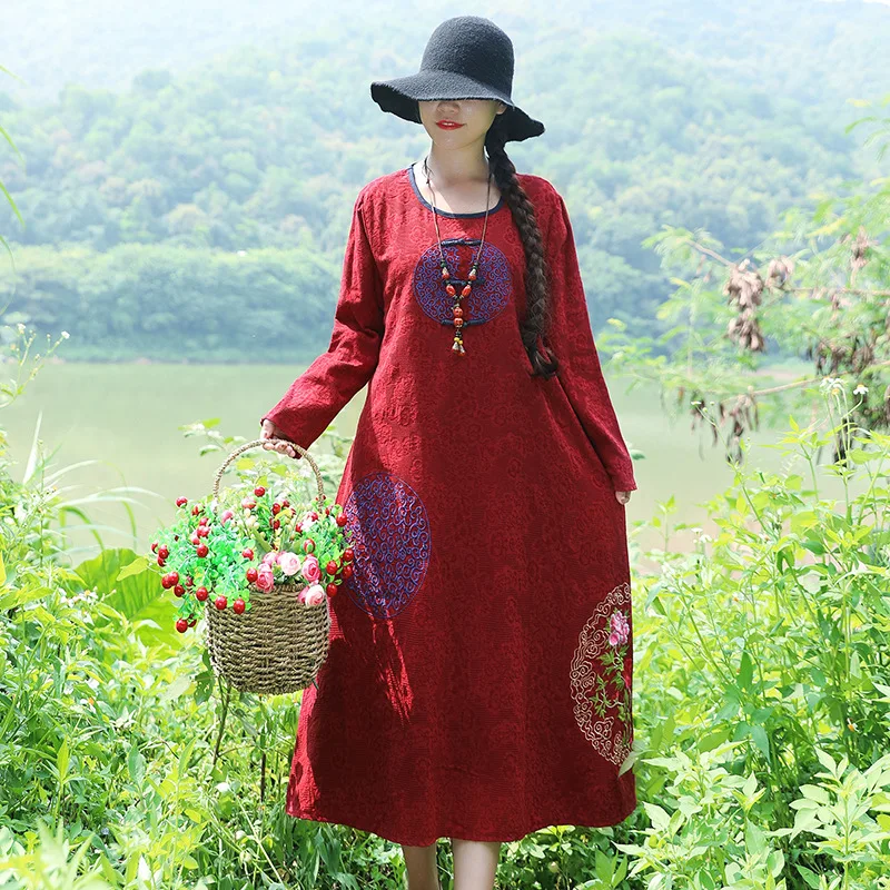 

2019 Spring New Style Jacquard Embroidered Mid-length Ethnic-Style Large Size Dress Big Hemline Long-sleeved Dress Women's