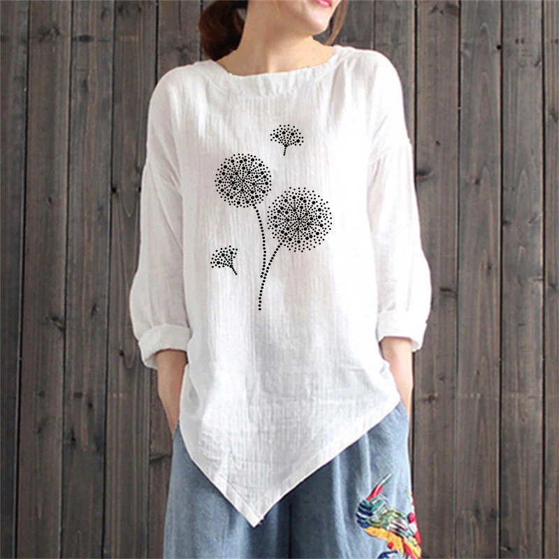 

Women Round Neck Long Sleeves Dandelion Print Irregular Hem T-Shirt Loose Pullover Autumn Casual Vintage New