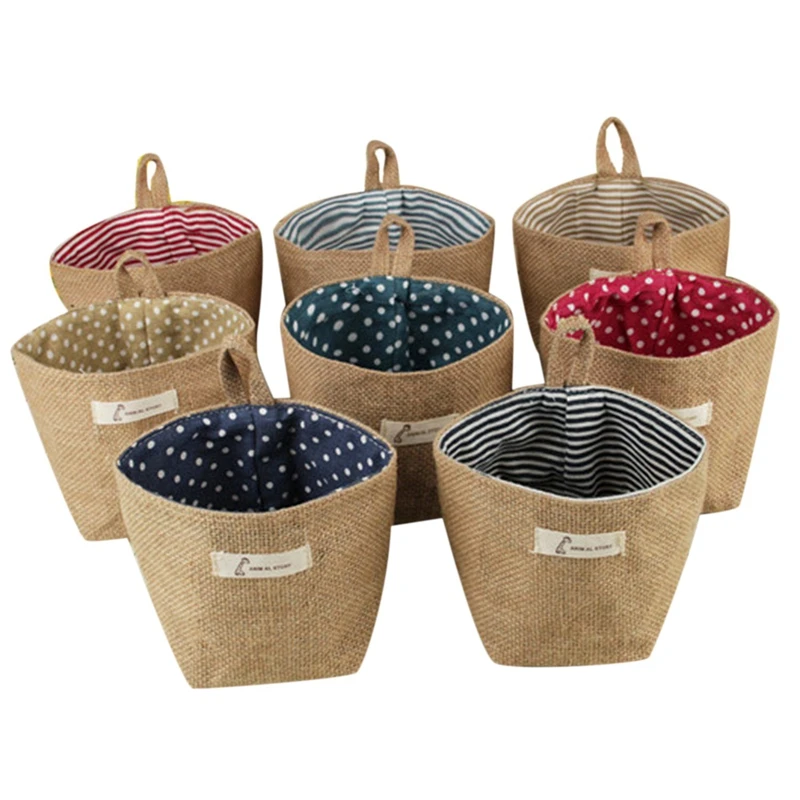 2 Pcs Cotton Linen Art Flower Pot Small Sack Hanging Jute Cotton Dot Storage Basket Storage Bag, Yellow Point& Red Point