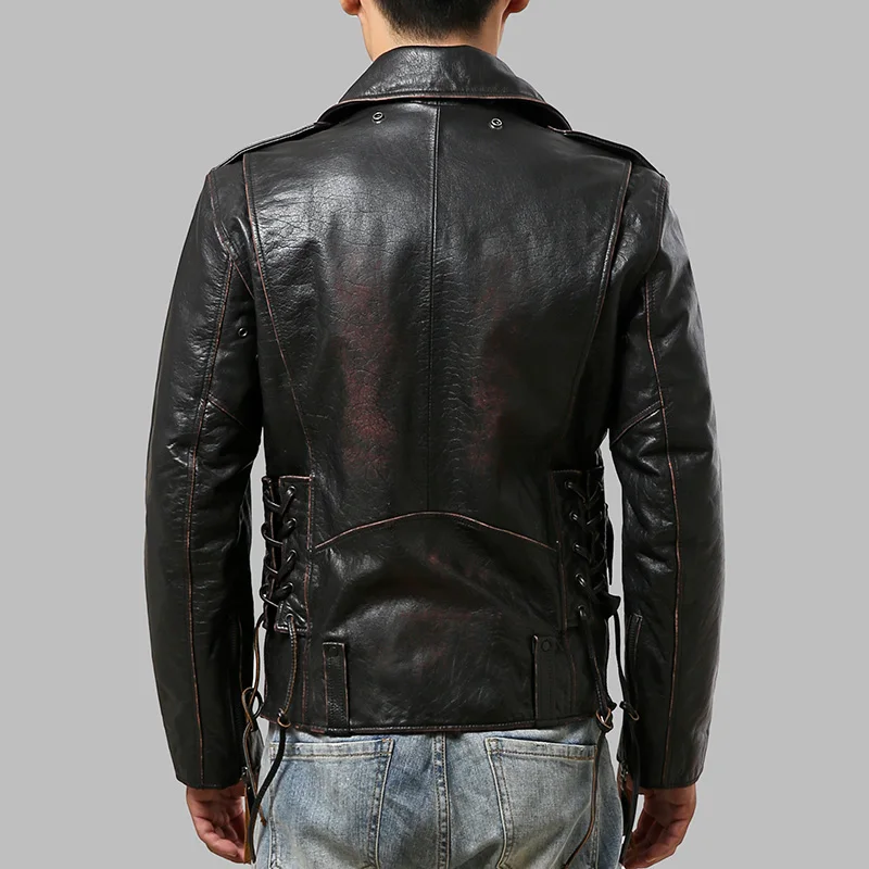 Винтажная коричневая Мужская Американская мотоциклетная кожаная куртка размера плюс XXXXXXL из натуральной воловьей кожи облегающая байкерская куртка