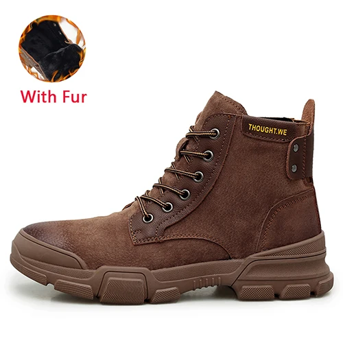 Brown with Fur JUNJARM/осень-зима; Мужские ботинки в винтажном стиле; Мужская обувь; высококачественные мужские мотоциклетные ботинки; модная теплая повседневная обувь - Цвет: Brown with Fur