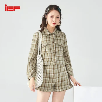 

IEF Spring Summer Women Fashion Set Casual Loose Fashion Plaid Shirt High Waist Vintage Shorts 0701A-D9778-