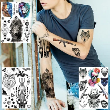 

Lion Colorful Temporary Tattoos For Men Women Fishon Death Sukll Gangster Wolf Tattoo Sticker Fake Body Art Geometric Tatoo Gun