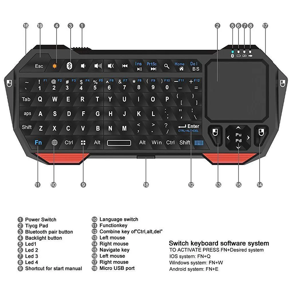 Беспроводная портативная мини-клавиатура Bluetooth с сенсорной панелью для Windows Android iOS для ПК или телефона