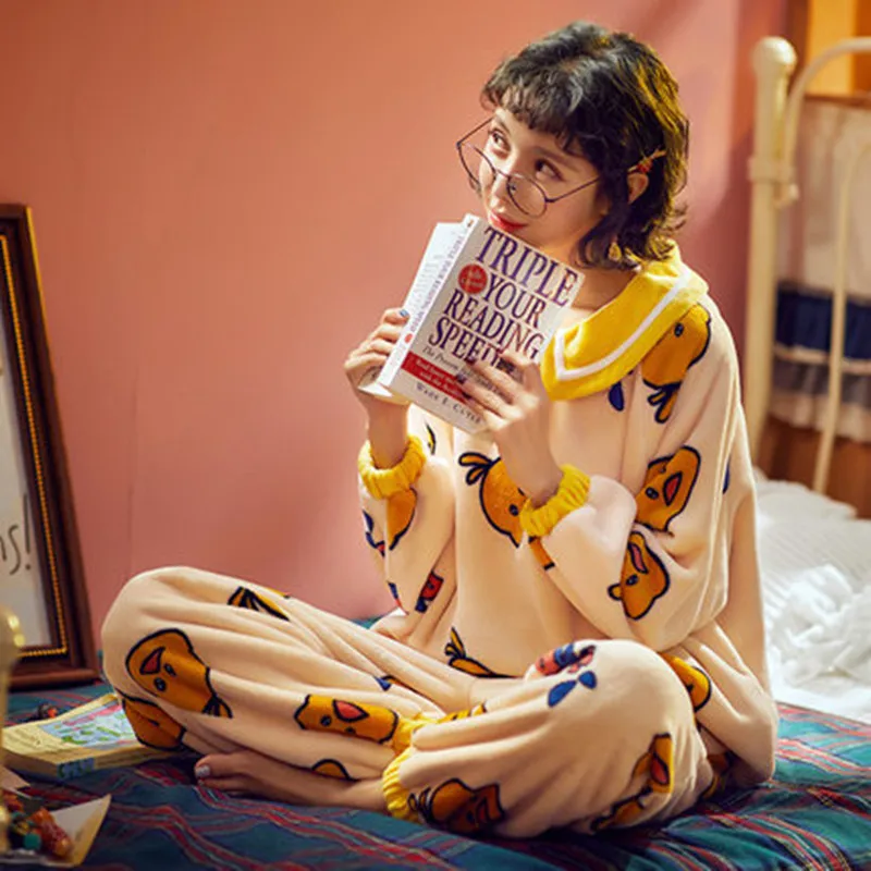

Coral velvet pajamas women's autumn and winter thickened flannel home clothes little yellow duck warm suit