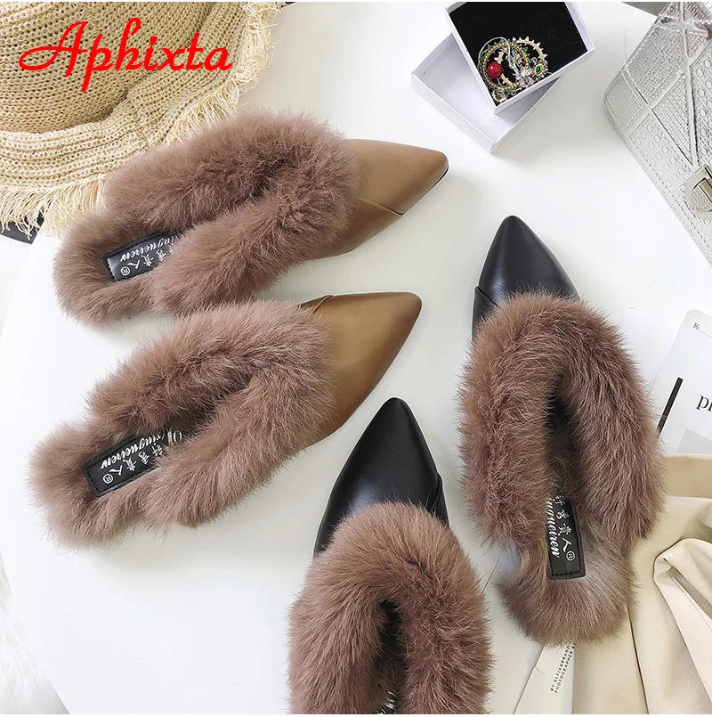 Aphixta/женские шлепанцы с острым носком; Коллекция года; обувь без задника с натуральным животным мехом; обувь с пряжкой; тапочки с натуральным мехом; женская обувь на меху