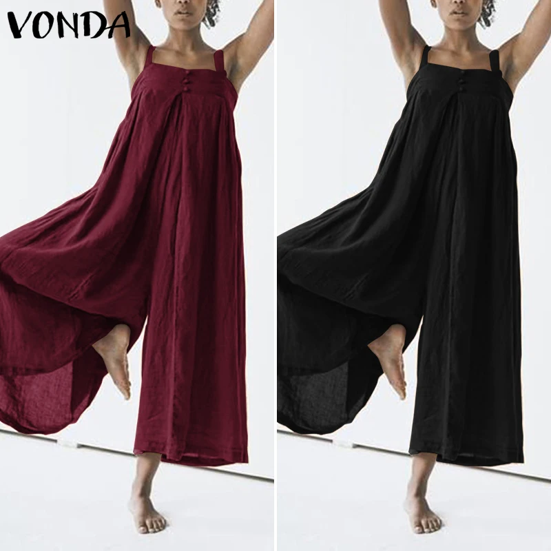 

VONDA Women Wide Leg Pants Cotton Jumpsuit Backless Rompers 2019 Summer Casual Loose Playsuits Plus Size Overalls Pantalon Femme
