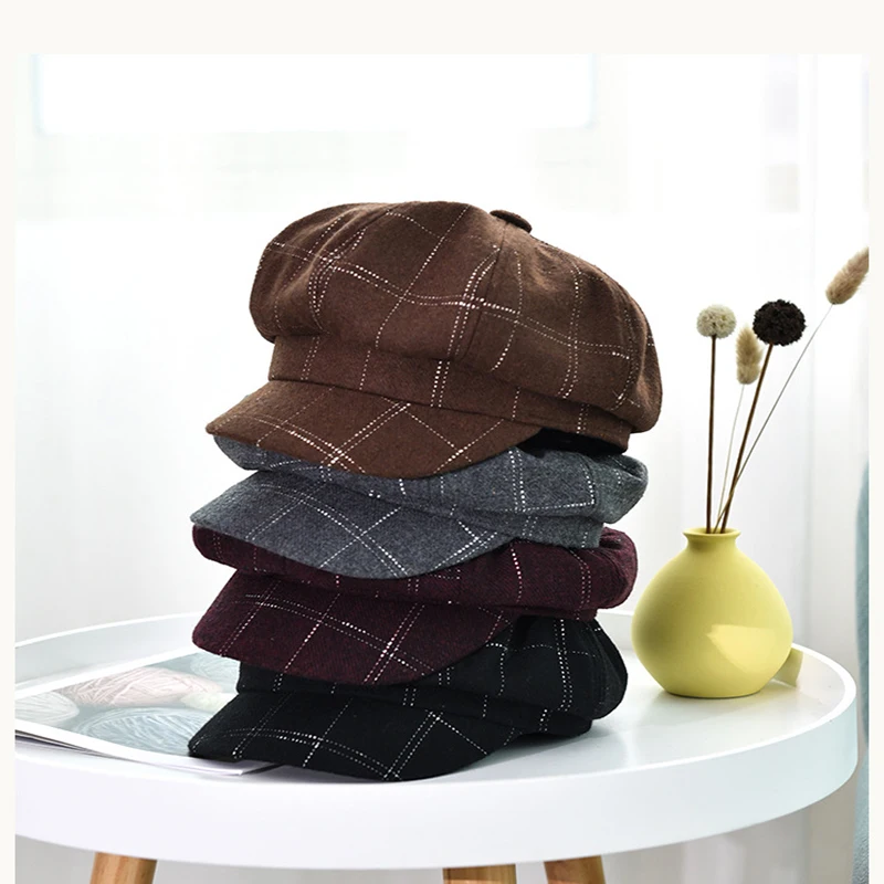 Женская осенняя и зимняя восьмиугольная шапка Британский ретро берет зимняя теплая темно-синяя шапка шерстяная клетчатая газетная шапка